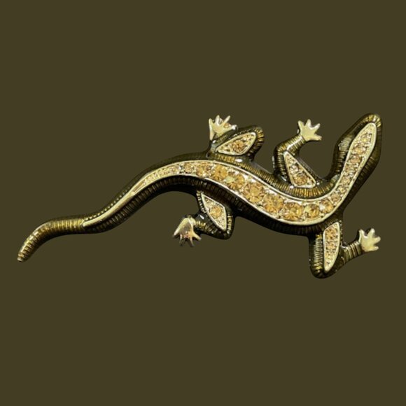 Vintage Gold Tone Enamel Rhinestone Lizard Brooch Gift Retro Cool Fancy Pants - Picture 6 of 11